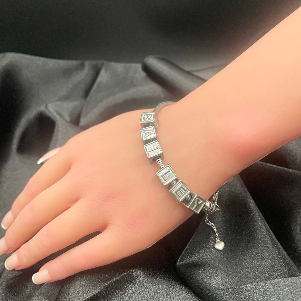 Linx Snake Chain Bracelet with Heart Extender and Custom Name Letter Beads